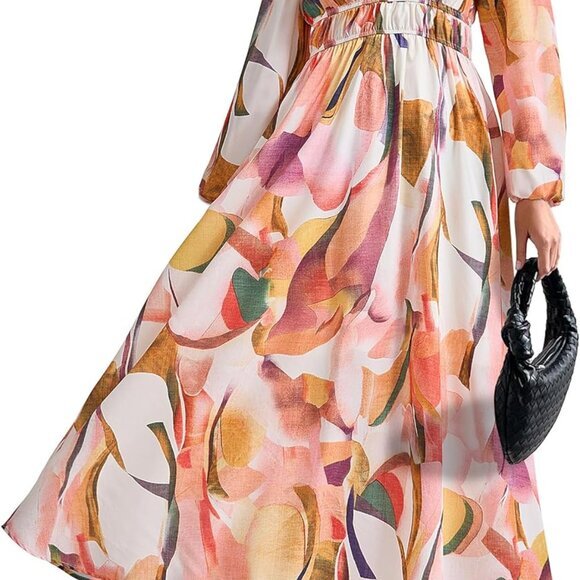 2024‎ Fall Boho Maxi Dress - Long Sleeve, V Neck, Flowy, Printed Beach Style - Picture 2 of 6